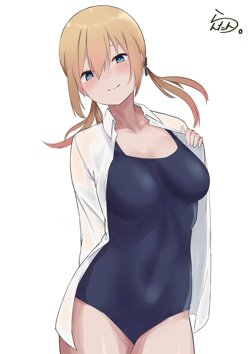 absurdres alternate_costume blue_one-piece_swimsuit breasts collared_shirt dress_shirt female green_eyes highres kantai_collection lanthan long_hair low_twintails medium_breasts new_school_swimsuit one-hour_drawing_challenge one-piece_swimsuit open_clothes open_shirt prinz_eugen_(kancolle) school_swimsuit shirt solo swimsuit twintails white_shirt