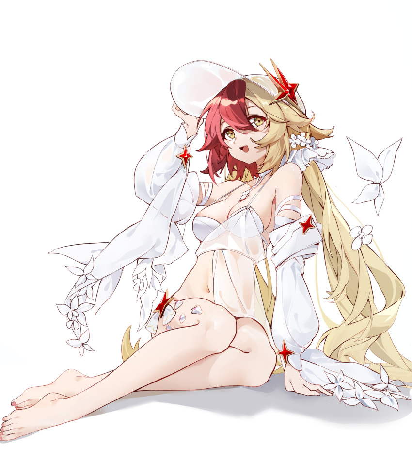 :d absurdres alchemy_stars arm_support bare_legs bare_shoulders barefoot bikini blonde_hair breasts cleavage detached_sleeves feet female flower full_body gronru_(alchemy_stars) gronru_(day_at_the_aquarium)_(alchemy_stars) hair_between_eyes hair_flower hair_ornament hand_on_headwear hat highres kirschma legs long_hair long_sleeves looking_at_viewer low_twintails medium_breasts multicolored_hair nail_polish navel open_mouth red_hair see-through simple_background sitting smile solo star_(symbol) swimsuit toenails toes twintails two-tone_hair very_long_hair white_background white_bikini white_flower white_sleeves yellow_eyes yokozuwari