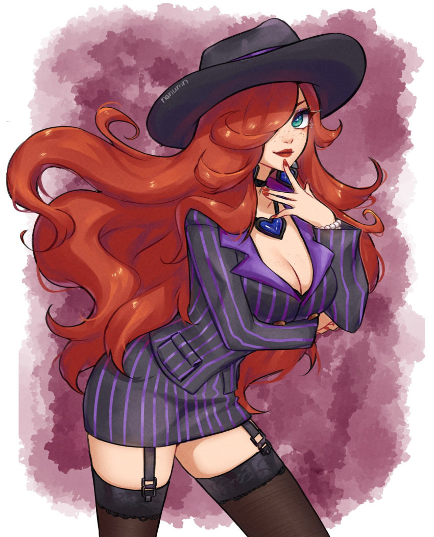 artist_name black_choker black_headwear black_jacket black_skirt breasts brown_thighhighs choker cleavage cowboy_shot crime_city_miss_fortune female freckles garter_straps hair_over_one_eye hand_up heart heart_necklace highres jacket jewelry large_breasts league_of_legends leaning_forward long_hair long_sleeves miss_fortune_(league_of_legends) nanumn necklace red_background red_hair red_nails skirt solo striped_clothes striped_jacket striped_skirt thighhighs white_background