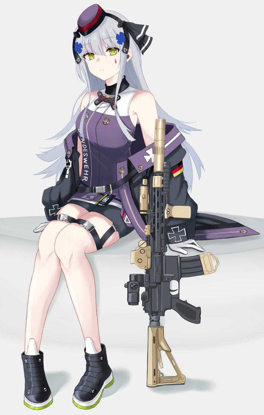 absurdres assault_rifle bike_shorts black_footwear black_jacket black_shorts boots closed_mouth cross_hair_ornament english_commentary female full_body german_flag girls'_frontline gloves green_eyes gun h&k_hk416 hair_ornament hat highres hk416_(girls'_frontline) hk416_(mod3)_(girls'_frontline) id_card jacket koenza_botoke long_hair looking_at_viewer mini_hat off_shoulder open_clothes open_jacket rifle shorts sitting solo suppressor teardrop_facial_mark teardrop_tattoo weapon white_gloves white_hair