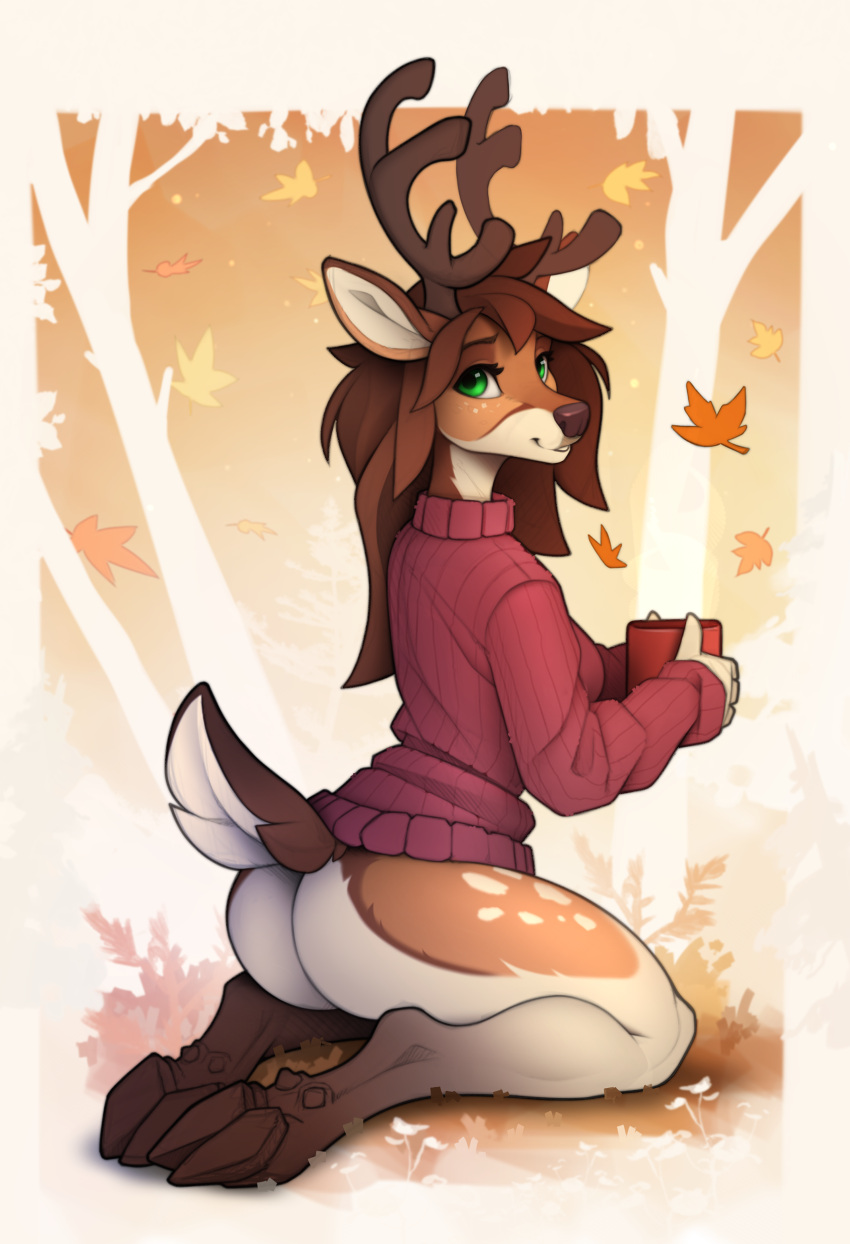 2023 absurd_res anthro antlers ass autumn autumn_leaves bottomless breasts casual_exposure clothed clothing container cup deer digital_media_(artwork) ears_up female green_eyes hi_res holding_container holding_cup holding_object hooves horn mammal new_world_deer outside plant reindeer solo sweater sweater_only topwear topwear_only tree yakovlev-vad