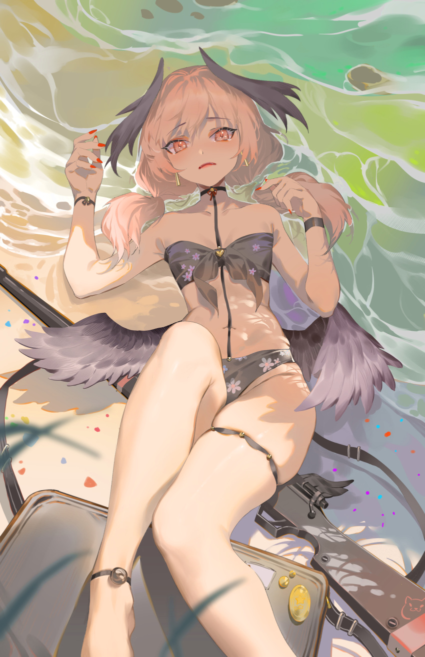 ankle_ribbon barefoot beach bikini black_bikini black_bow black_wings blue_archive bow breasts feathered_wings female floral_print front-tie_bikini_top front-tie_top gun halo head_wings highres itoucon koharu_(blue_archive) koharu_(swimsuit)_(blue_archive) leg_ribbon long_hair looking_at_viewer low_twintails low_wings lying nail_polish navel official_alternate_costume on_back open_mouth outdoors pink_eyes pink_hair print_bikini red_nails ribbon small_breasts solo strapless strapless_bikini swimsuit thigh_strap twintails water weapon wings