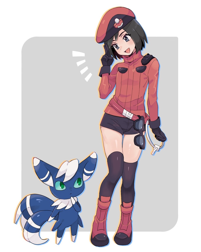 1boy :d belt beret black_gloves black_hair boots calem_(pokemon) commentary_request cosplay eyelashes gloves grey_background grey_eyes hand_up hat highres jacket long_sleeves looking_down male_focus meowstic open_mouth pokemon pokemon_(creature) pokemon_ranger_(pokemon) pokemon_ranger_(pokemon)_(cosplay) pokemon_xy red_footwear salute sana_(37pisana) short_hair short_shorts shorts smile standing thighhighs thighs tongue two-finger_salute