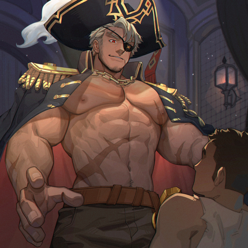 2boys abs absurdres bara belt black_coat black_pants blonde_hair brown_belt chain_necklace chains coat coat_on_shoulders eugene_kidd eyepatch facial_hair hat highres jewelry large_pectorals male_focus multiple_boys muscular muscular_male navel necklace nipples one_eye_covered original pants pectorals peterhl pirate pirate_hat scar scar_on_chest scar_on_stomach short_hair yaoi