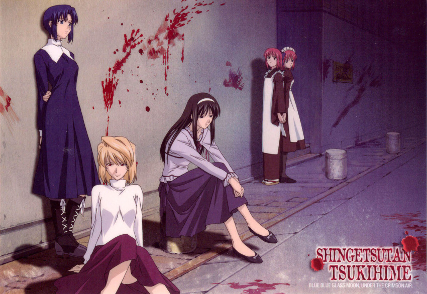 5girls against_wall arcueid_brunestud back-to-back black_hair black_pantyhose blonde_hair blood blood_splatter bloody_handprints blue_hair boots ciel_(tsukihime) dress hairband handprint hisui_(tsukihime) holding_hands interlocked_fingers kohaku_(tsukihime) long_hair long_skirt long_sleeves maid multiple_girls ozawa_iku pantyhose pink_hair purple_skirt red_eyes sad short_hair siblings sisters sitting skirt smile sweater tohno_akiha tsukihime turtleneck twins white_hairband