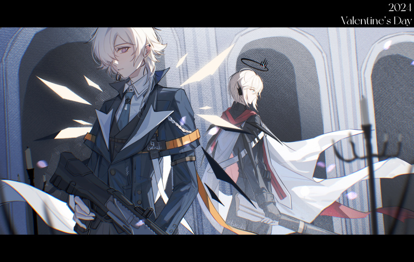 2boys absurdres arch arknights bieshi black_gloves black_jacket black_vest blonde_hair blue_coat blue_eyes candlestand cape coat collared_shirt commentary cowboy_shot dated earpiece enforcer_(arknights) english_commentary english_text executor_(arknights) executor_the_ex_foedere_(arknights) fingerless_gloves gloves green_necktie gun hair_over_one_eye halo highres holding holding_gun holding_weapon indoors jacket letterboxed looking_at_viewer looking_to_the_side multiple_boys necktie parted_lips purple_eyes red_scarf scarf shaded_face shirt vest weapon white_cape white_gloves white_shirt wings