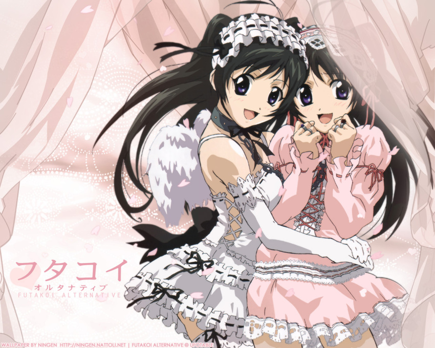 2girls ahoge angel_wings arms_around_waist artist_request black_hair black_ribbon chains choker copyright_name cowboy_shot curtains detached_sleeves dress elbow_gloves feathered_wings frilled_dress frilled_hairband frilled_skirt frilled_sleeves frilled_thighhighs frills futakoi gloves gothic_lolita hairband happy hug jewelry lace_trim lolita_fashion lolita_hairband long_hair long_sleeves looking_at_viewer multiple_girls off_shoulder photoshop_(medium) pink_dress purple_eyes ribbon ribbon-trimmed_clothes ribbon-trimmed_gloves ribbon-trimmed_hairband ribbon-trimmed_sleeves ribbon_trim ring sakurazuki_kira sakurazuki_yura siblings sisters skirt thighhighs twins white_dress white_gloves white_thighhighs wings