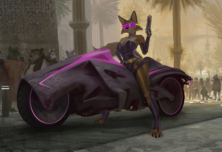 2017 ambient_figure anthro breasts canid canine city cleavage clothed clothing crowd detailed_background digital_media_(artwork) eyewear female fox frown furstang future group gun handgun mammal meika_(rimba_racer) motorcycle outside palm_tree paws pistol plant ranged_weapon rimba_racer scenery solo_focus sunglasses tree vehicle weapon