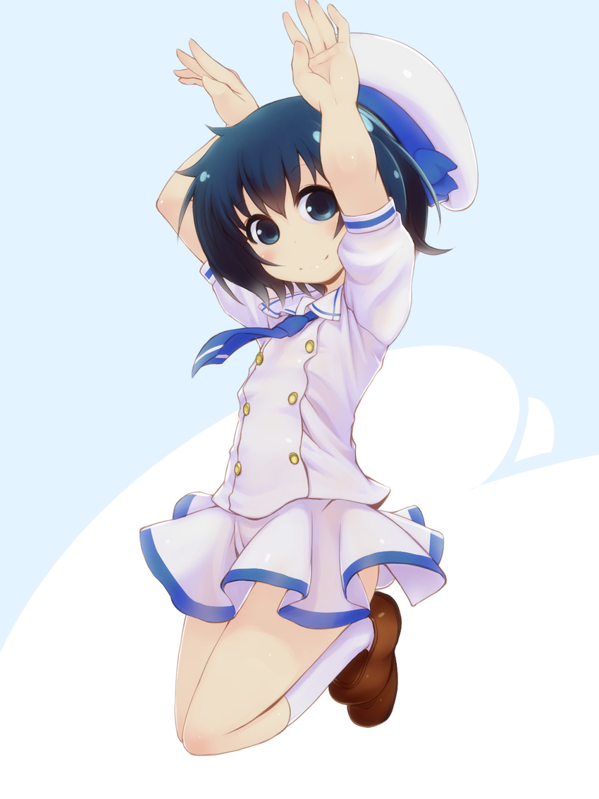 animal_pose arms_up bad_id bad_pixiv_id beret blue_eyes blue_hair blush female gochuumon_wa_usagi_desu_ka? hat highres jouga_maya jumping kafuu_chino's_school_uniform looking_at_viewer open_mouth school_uniform short_hair short_sleeves skirt smile solo takeda_yukimura