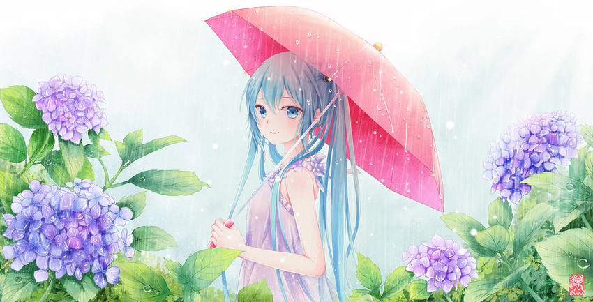 aqua_eyes aqua_hair commentary_request female flower from_side hatsune_miku highres hydrangea long_hair looking_at_viewer photoshop_(medium) rain sanaa see-through smile solo twintails umbrella very_long_hair vocaloid