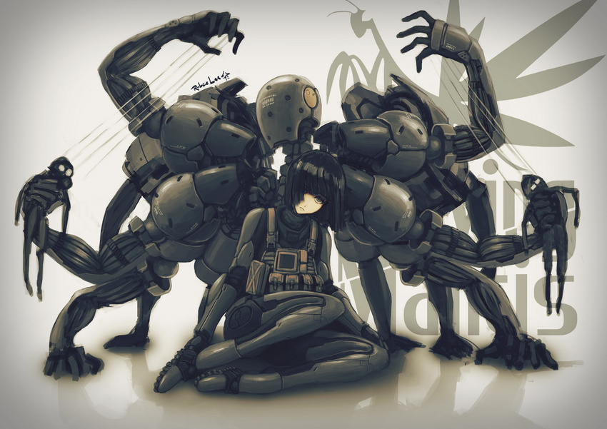 black_eyes black_hair blunt_bangs bodysuit boots commentary english_commentary extra_arms female gloves latex metal_gear_(series) metal_gear_solid_4:_guns_of_the_patriots pouch power_suit puppet robce_lee screaming_mantis short_hair sitting skin_tight solo vest