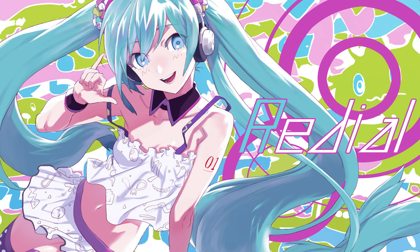 aqua_eyes aqua_hair commentary_request female hatsune_miku headphones jya long_hair photoshop_(medium) redial_(vocaloid) smile solo twintails vocaloid