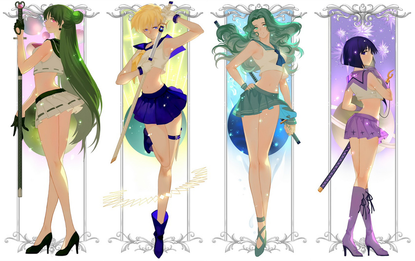 4girls alternate_costume alternate_footwear bare_legs bishoujo_senshi_sailor_moon black_hair blonde_hair blue_eyes blue_footwear blue_sailor_collar blue_skirt boots bridal_garter column_lineup commentary crop_top cross-laced_footwear full_body gloves green_eyes green_hair green_skirt green_wrist_cuffs hair_bun high_heels holding holding_staff joseph_lee kaiou_michiru knee_boots lace-up_boots long_hair long_legs magical_girl meiou_setsuna midriff multiple_girls name_connection object_namesake outer_senshi pink_eyes planet pleated_skirt purple_eyes purple_footwear purple_sailor_collar purple_skirt sailor_collar sailor_neptune sailor_pluto sailor_saturn sailor_senshi sailor_uranus saturn_(planet) shoes short_hair single_hair_bun skirt smile staff standing standing_on_one_leg strappy_heels sword ten'ou_haruka tomoe_hotaru uranus_symbol very_long_hair very_short_hair weapon white_skirt wrist_cuffs