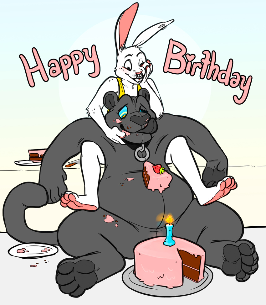 2014 anthro belly big_belly birthday black_nose blush cake candle clothed clothing cubi cubi_(characters) cubi_(rabbit) dessert digital_drawing_(artwork) digital_media_(artwork) duo english_text facial_piercing felid fire flir_(panther) food fruit fur happy_birthday hi_res hindpaw hypnosis lagomorph latex latex_creature leporid licking licking_lips living_latex male mammal messy mind_control nose_piercing nose_ring nude one_eye_closed overweight pantherine paws piercing plant plate rabbit ring_piercing self_lick septum_piercing simple_background smile spiral_eyes strawberry stuffing text tongue tongue_out toony weight_gain white_background white_body white_fur