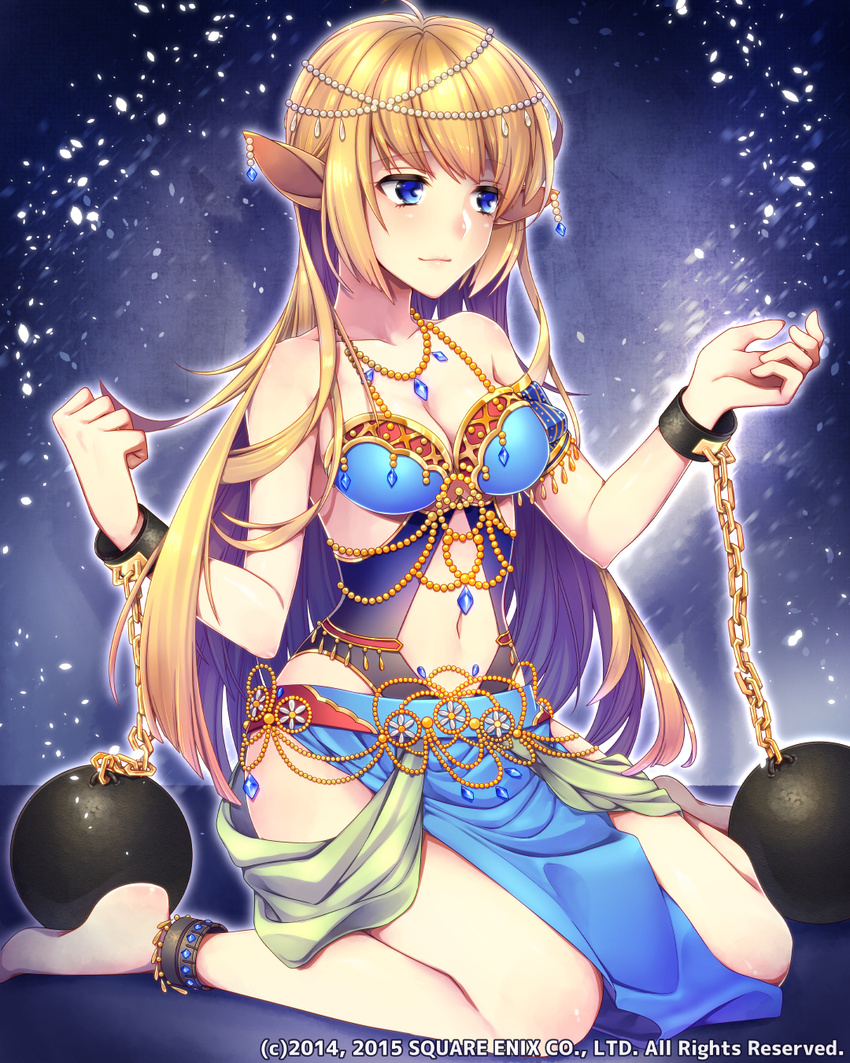 ankle_cuffs anklet bare_shoulders barefoot beads blonde_hair blue_eyes blue_gemstone breasts chains cleavage clothing_cutout collarbone commentary_request earrings female gem highres jewelry lost_crusade medium_breasts metal_ball momore_(peaches) navel navel_cutout pointy_ears sitting solo square_enix wariza