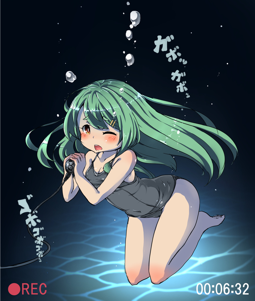 air_bubble barefoot blush breath bubble chidori_(wakakusachidori) commentary_request diving_regulator female freediving green_hair highres holding_breath long_hair mochizuki_usagi one-piece_swimsuit original school_swimsuit solo swimsuit underwater