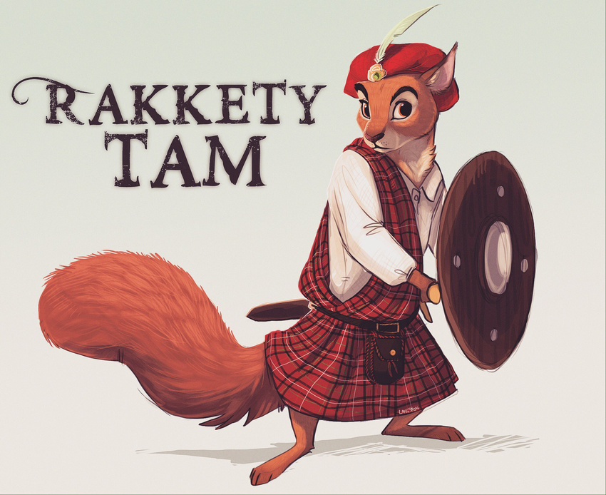 anthro barefoot belt beret biped clothing eurasian_red_squirrel feet fur great_kilt hat headgear headwear hi_res kilt looking_at_viewer male mammal melee_weapon pattern_clothing plaid plaid_clothing rakkety_tam rakkety_tam_macburl redwall ritwell rodent scabbard sciurid scottish shield simple_background solo sporran sword targe tree_squirrel weapon