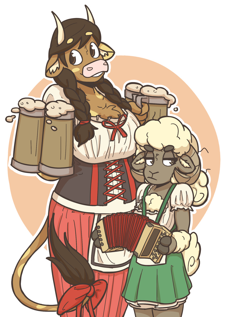 2017 2_fingers 4_fingers accessory accordion alcohol anthro arm_tuft barmaid beer beverage big_breasts biped blush blush_stickers bodice bottomwear bovid bovine bow_(feature) bow_accessory bow_ribbon braided_hair breast_size_difference breasts brown_body brown_eyes brown_fur brown_hooves brown_horn brown_tail caprine cattle chest_tuft clothed clothing container cup curved_horn curvy_figure digital_drawing_(artwork) digital_media_(artwork) dirndl domestic_sheep dress duo european_mythology female fingers fluffy fluffy_tail foam front_view frown fur furgonomics greek_mythology green_clothing hair half-closed_eyes head_tuft hi_res holding_container holding_cup holding_musical_instrument holding_object holidays hooved_fingers hooves horn inner_ear_fluff lacing lederhosen long_tail looking_away mammal markings mary_(slightlysimian) minotaur mismatched_ears molly_(slightlysimian) multicolored_body multicolored_fur musical_instrument mythology narrowed_eyes oktoberfest orange_background outline pink_nose ponytail portrait red_clothing ribbons sheep short_tail simple_background size_difference skirt slightlysimian small_breasts small_waist smile spots spotted_body spotted_fur spotted_markings spotted_tail standing tail tail_accessory tail_bow tail_markings tail_ribbon tail_tuft tan_body tan_fur tan_spots tan_tail three-quarter_portrait tuft twin_braids twintails two_tone_body two_tone_fur two_tone_tail unimpressed voluptuous white_background white_body white_fur white_horn white_tail wide_hips wool_(fur)