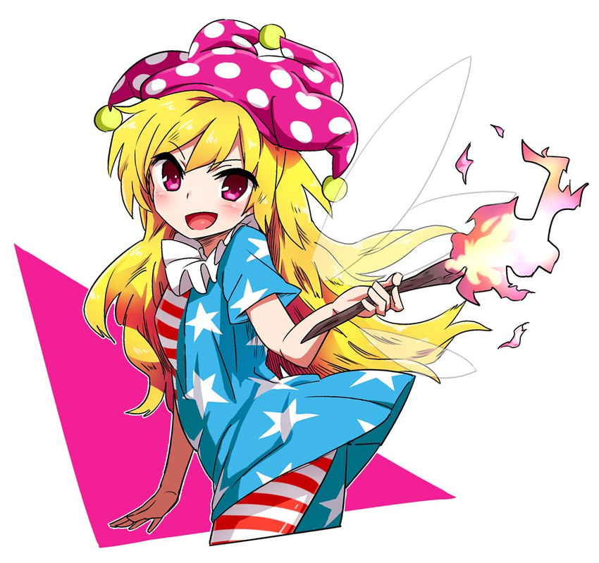 :d american_flag_dress american_flag_legwear blonde_hair blush clownpiece commentary_request cropped_legs dress fairy_wings female fire hat holding jester_cap jpeg_artifacts long_hair looking_at_viewer neck_ruff noel_(noel-gunso) open_mouth pantyhose pink_eyes polka_dot short_dress short_sleeves simple_background smile solo star_(symbol) star_print striped_clothes striped_pantyhose torch touhou white_background wings