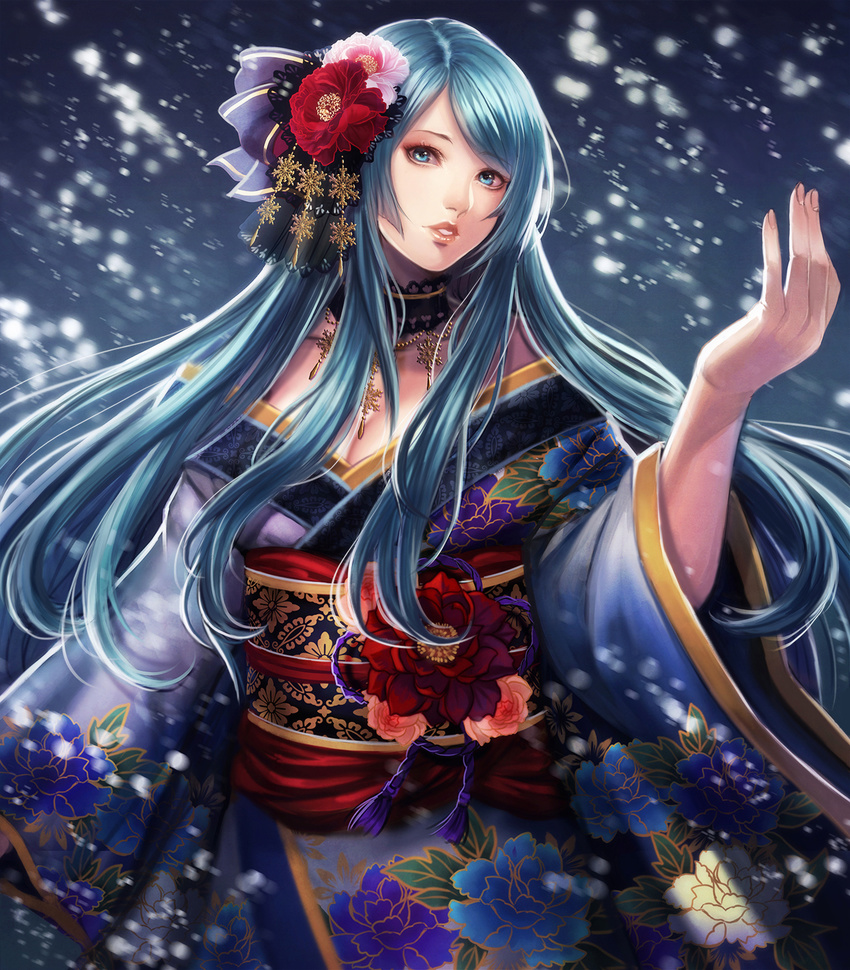 ayakashi_hyakkiyakou blue_eyes blue_hair choker commentary_request female flower hair_flower hair_ornament highres japanese_clothes kimono lips long_hair looking_at_viewer original parted_lips photoshop_(medium) sasaki_ryou snowing solo yuki_onna