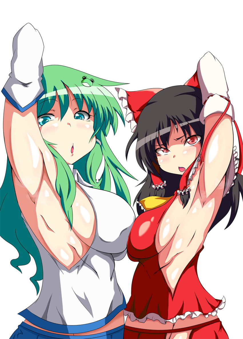 2girls aqua_eyes armpits arms_up asymmetrical_docking black_hair breast_press breasts commentary_request detached_sleeves green_eyes green_hair groin hakurei_reimu highres kochiya_sanae large_breasts long_hair multiple_girls muruchi- no_panties open_mouth profile red_eyes sideboob simple_background smell standing steam touhou white_background