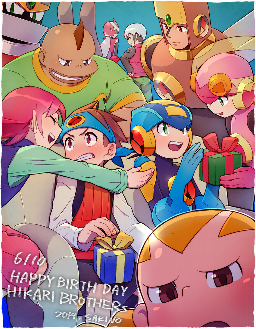 3girls 6+boys artist_name blonde_hair blush bodysuit box brown_hair commentary_request dated dex_oyama_(mega_man) eugene_chaud_(mega_man) gift gift_box glide.exe_(mega_man) gloves green_eyes gutsman.exe happy_birthday headband helmet highres lan_hikari_(mega_man) long_hair looking_at_another looking_at_viewer mayl_sakurai_(mega_man) mega_man_(series) mega_man_battle_network_(series) megaman.exe multiple_boys multiple_girls netnavi open_mouth pink_hair protoman.exe roll.exe_(mega_man) sakino_(sanodon) short_hair skirt smile yai_ayanokoji_(mega_man)