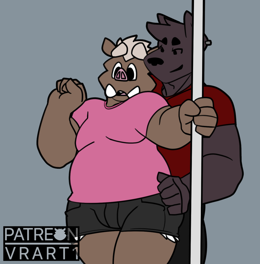 anthro bottomwear clothed clothing dancing denim denim_bottomwear denim_clothing domestic_pig duo ear_piercing eyebrows grinding hand_on_hip hi_res hotpants hyena jeans lucus_falcon_(vrart1) male male/male mammal moobs muscular overweight pants piercing pole pole_dancing shirt shorts slightly_chubby spotted_hyena suid suina sus_(pig) thick_eyebrows thick_thighs topwear tusks vii_rii_(vrart1) vrart1 wild_boar