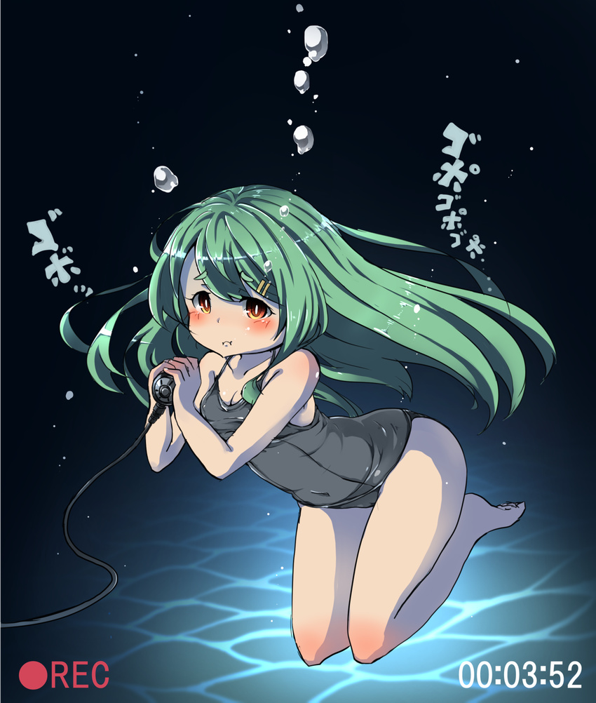 air_bubble barefoot blush breath bubble chidori_(wakakusachidori) commentary_request diving_regulator female freediving green_hair highres holding_breath long_hair mochizuki_usagi one-piece_swimsuit original school_swimsuit solo swimsuit underwater