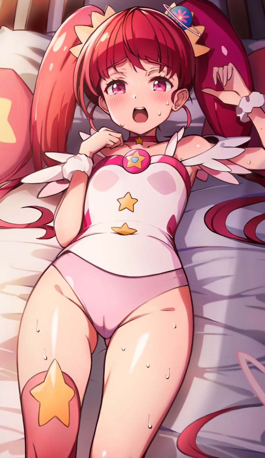 :o absurdres bed blush brooch choker commentary_request covered_navel cowboy_shot cure_star dot_nose female groin hair_ornament highres hoshina_hikaru jewelry long_hair looking_at_viewer lying magical_girl on_back open_mouth panties papion pink_choker pink_eyes pink_hair pink_panties pink_thighhighs precure raised_eyebrows shiny_skin single_thighhigh skin_tight solo star_(symbol) star_choker star_twinkle_precure sweat thighhighs thighs twintails underwear wrist_cuffs