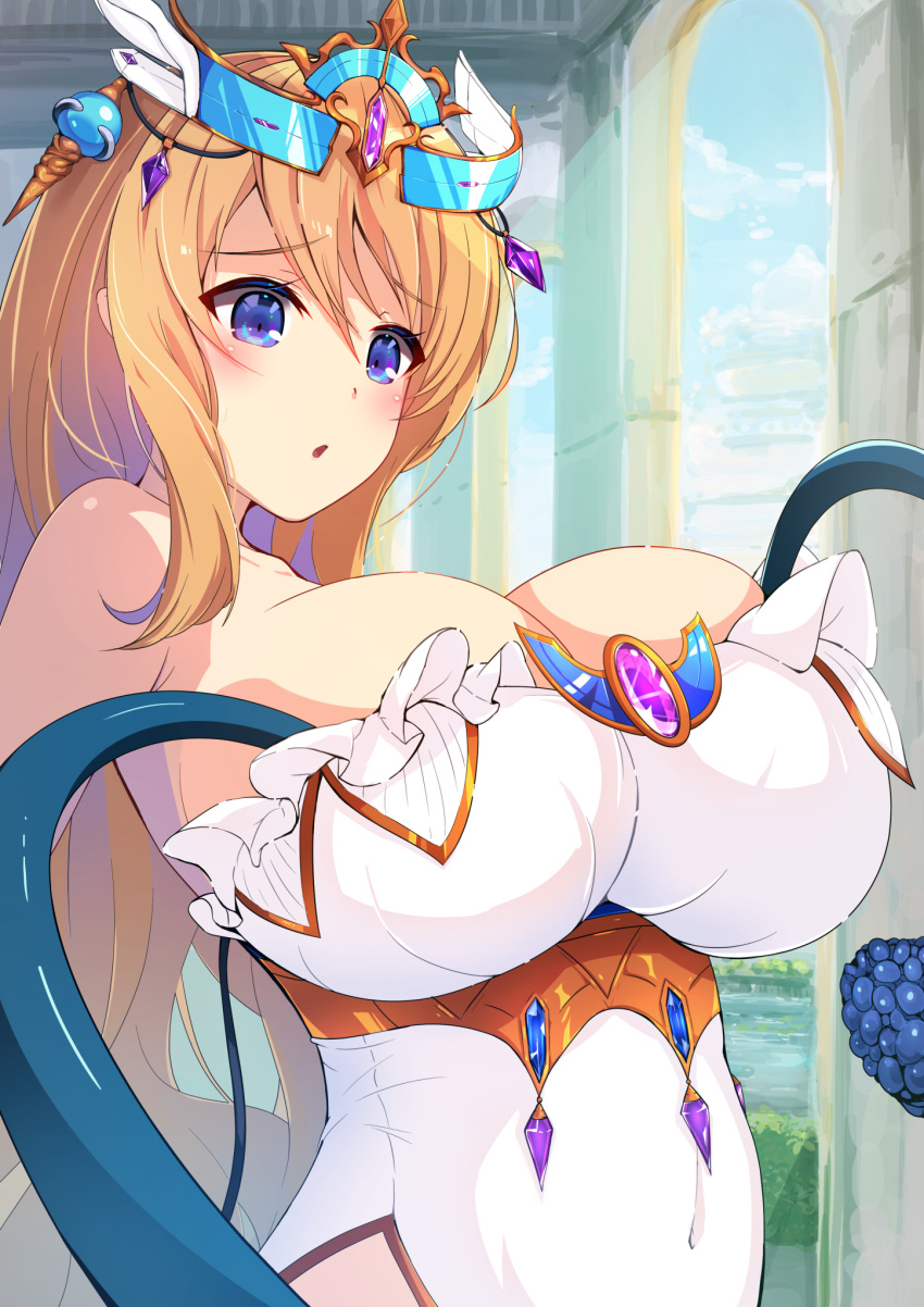 aphrodite_(kamihime_project) bare_shoulders blonde_hair blue_eyes blush breasts brooch cleavage covered_navel dot_nose eari female frills hair_between_eyes highres huge_breasts indoors jewelry kamihime_project long_hair looking_ahead open_mouth parted_lips solo tentacle tiara upper_body