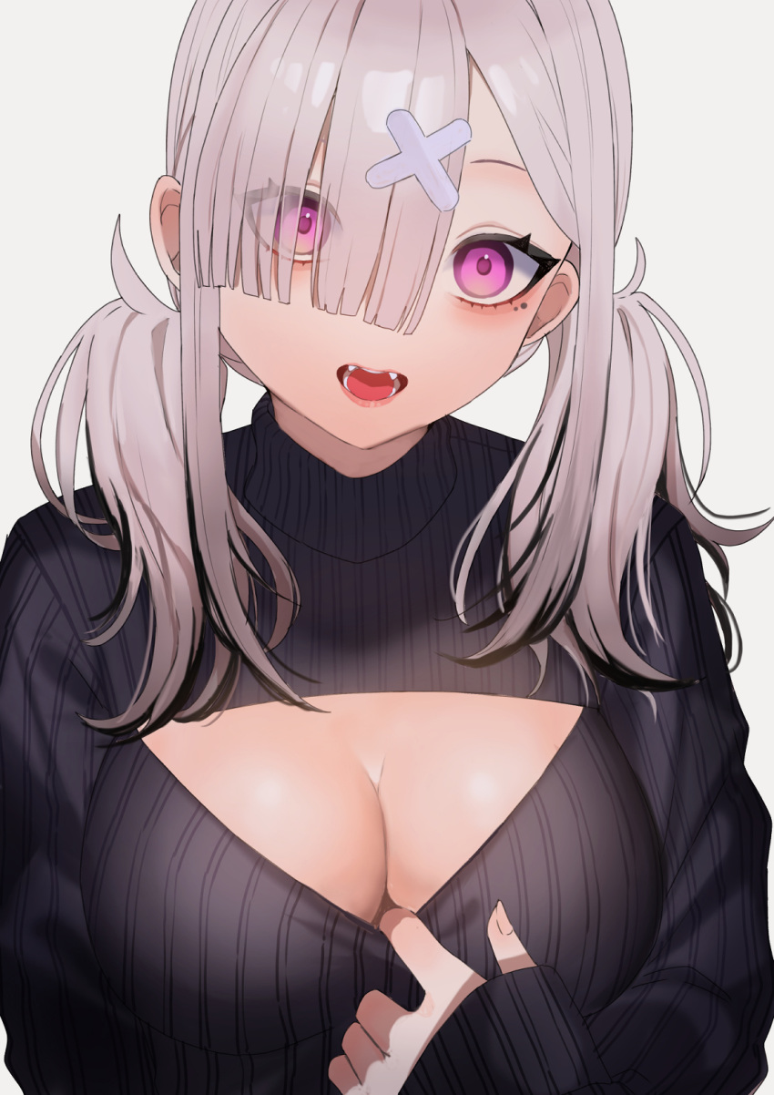 black_sweater breasts cleavage_cutout clothing_cutout female gomo grey_hair hair_ornament hair_over_one_eye highres large_breasts long_hair long_sleeves mole mole_under_eye nijisanji open_mouth purple_eyes simple_background solo sukoya_kana sweater twintails virtual_youtuber white_background x_hair_ornament