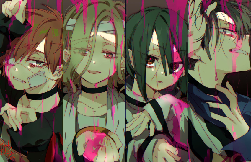 4girls bandaged_head bandages bandaid bandaid_on_cheek bandaid_on_face blonde_hair blood blue_eyes brown_eyes brown_hair eyepatch grey_eyes grey_hair jacket kajiyama_fuuta kao_ru05 kayano_mikoto looking_at_viewer milgram momose_amane multicolored_hair multiple_girls pink_blood red_hair shiina_mahiru_(milgram) straitjacket white_jacket