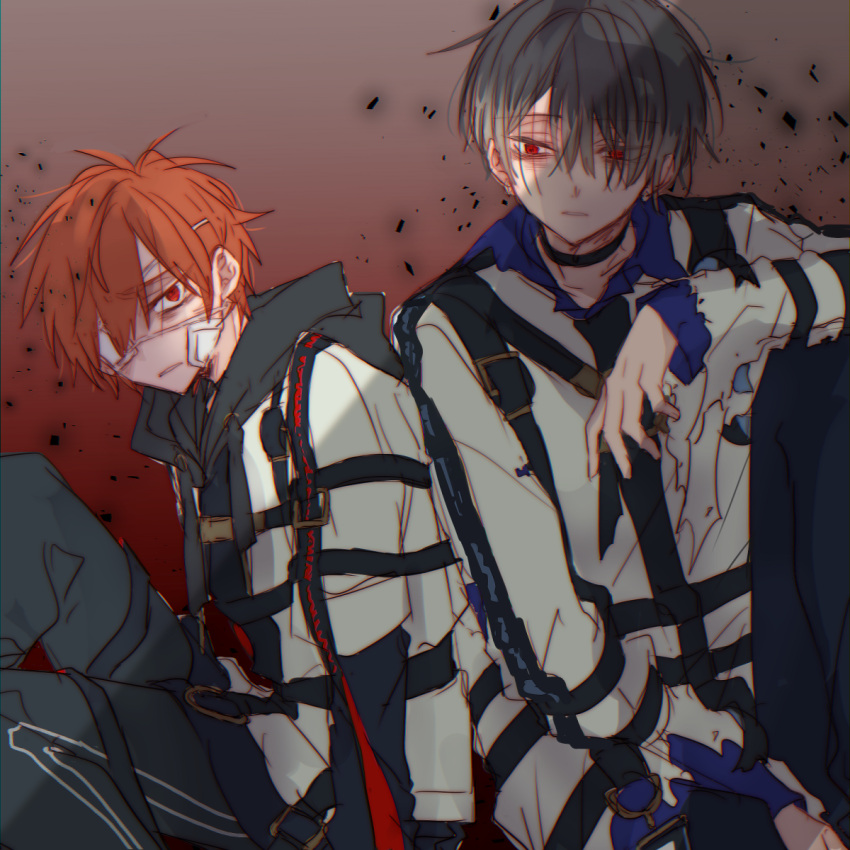 2boys black_choker black_hair black_hoodie black_pants blonde_hair blue_shirt choker eyepatch gradient_background highres hood hood_down hoodie jacket kajiyama_fuuta kao_ru05 kayano_mikoto male_focus milgram multicolored_hair multiple_boys pants red_background red_eyes red_hair shirt short_hair straitjacket white_background white_jacket