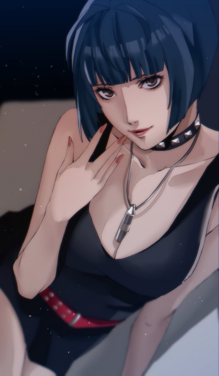 bare_arms bare_shoulders belt black_dress blue_hair breasts brown_eyes cleavage collar collarbone dress female fingernails highres hime_cut jewelry long_fingernails looking_at_viewer medium_breasts nail_polish necklace necklace_between_breasts parted_lips persona persona_5 pertex_777 photo-referenced red_belt red_lips red_nails second-party_source short_dress solo studded_choker studded_collar takemi_tae