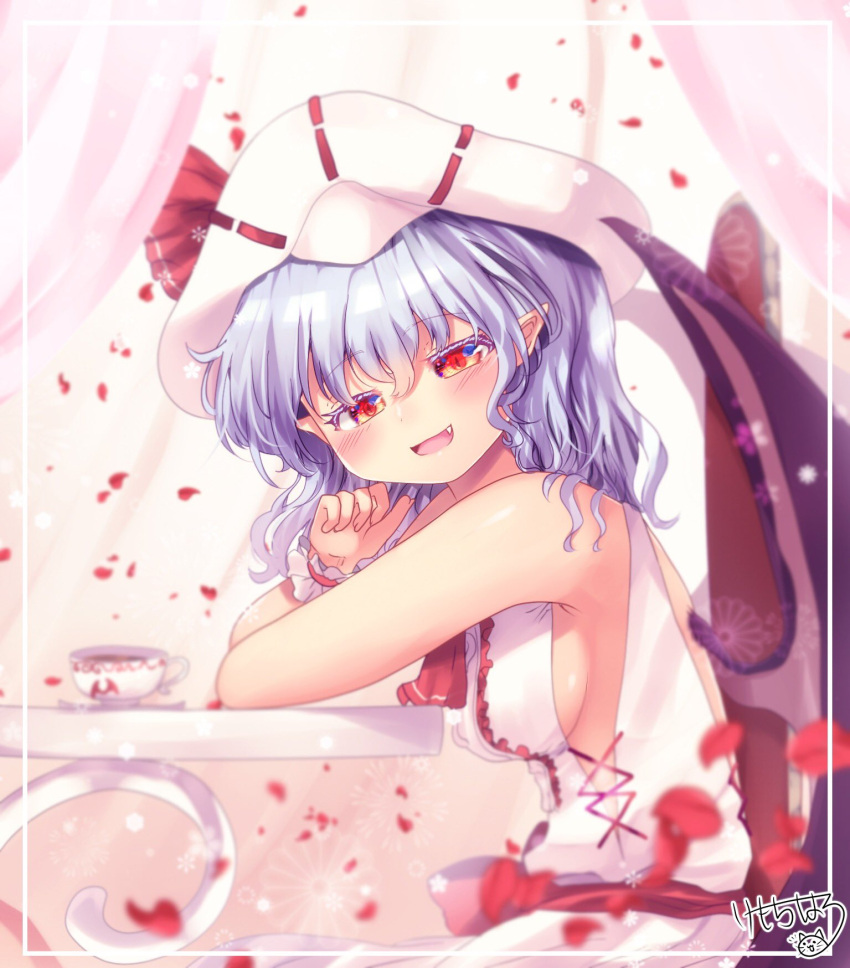 bat_wings blue_hair breasts chair dress female hat highres kemo_chiharu looking_at_viewer medium_hair mob_cap oerba_yun_fang pointy_ears red_eyes remilia_scarlet sideboob sitting sleeveless small_breasts smile solo touhou white_dress white_hat wings