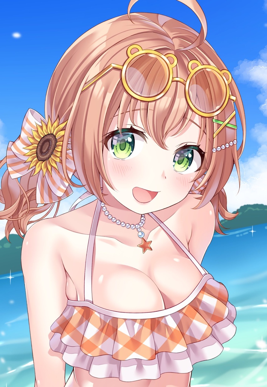 ahoge bikini blush bow breasts cleavage esuorder eyewear_on_head female flower frilled_bikini frills green_eyes hair_flower hair_ornament hairbow hairclip highres honma_himawari honma_himawari_(13th_costume) jewelry large_breasts necklace nijisanji orange_bikini orange_hair smile solo star_(symbol) star_necklace sunflower sunflower_hair_ornament sunglasses swimsuit virtual_youtuber