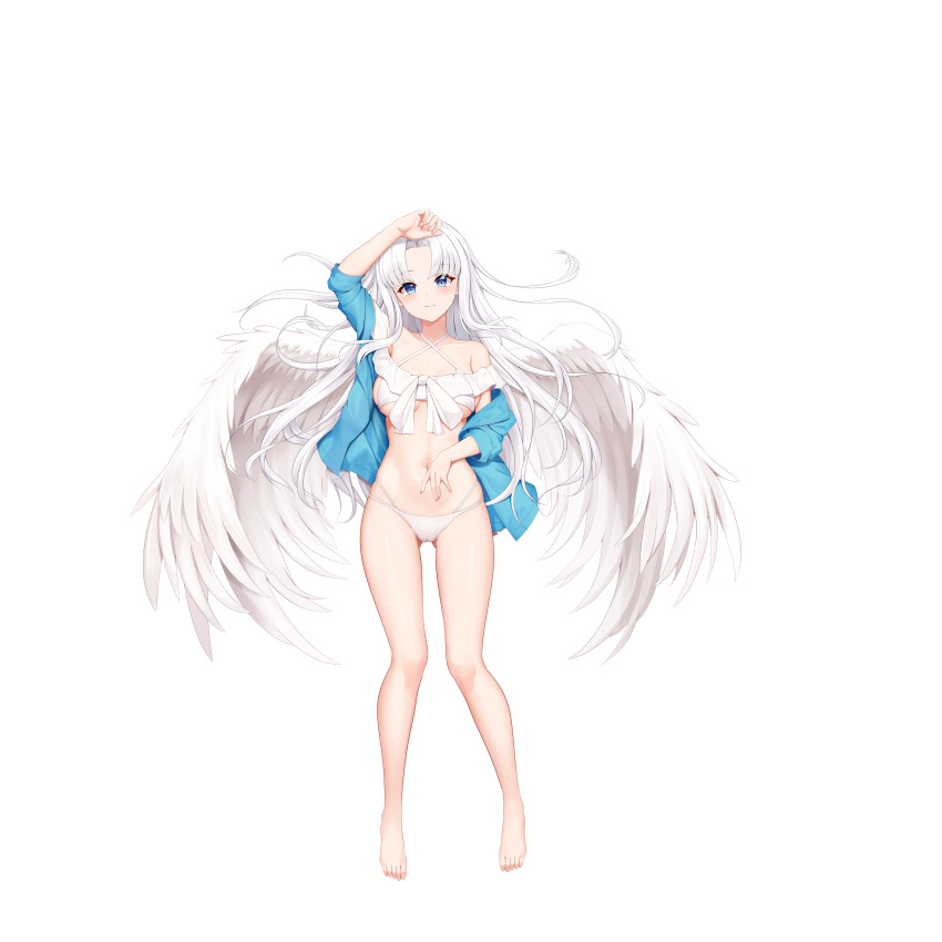 absurdres angel_wings ass_visible_through_thighs barefoot bikini blue_eyes blue_jacket blush breasts chinese_commentary closed_mouth commentary_request female full_body highres jacket legs long_hair looking_at_viewer lying medium_breasts on_back on_stomach open_clothes open_jacket original shenqi_(toid310) simple_background smile solo swimsuit thighs toes transparent_background white_bikini white_hair white_wings wings