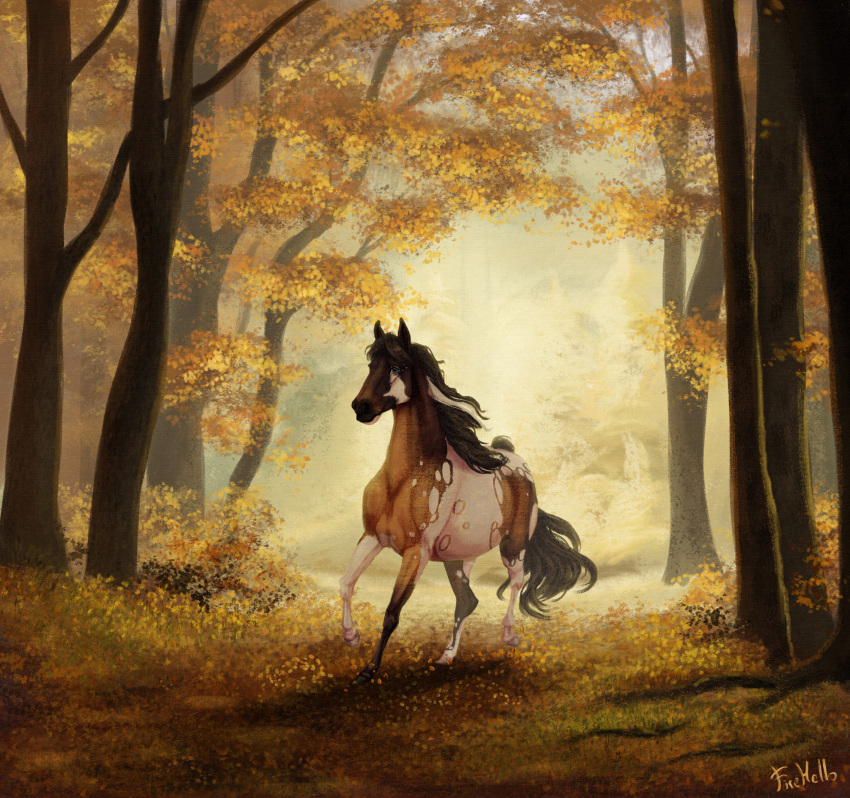 amazing_background ambiguous_gender autumn autumn_leaves detailed detailed_background digital_media_(artwork) digital_painting_(artwork) equid equine eyelashes feral fihell forest hi_res hooves horse long_mane looking_at_viewer mammal markings plant realistic running signature solo spots spotted_body tree