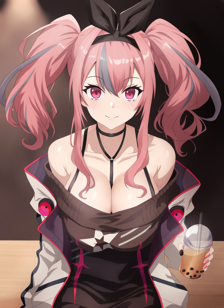 armpit_crease asanagi_shion azur_lane bare_shoulders between_breasts black_choker black_nails black_ribbon breasts bremerton_(azur_lane) bremerton_(day-off_date)_(azur_lane) brown_background brown_sweater bubble_tea chest_harness choker cleavage closed_mouth collarbone commentary_request cup disposable_cup drinking_straw female fingernails grey_hair hair_ribbon harness highres huge_breasts jacket long_hair looking_at_viewer md5_mismatch multicolored_clothes multicolored_hair multicolored_jacket nail_polish off-shoulder_sweater off_shoulder open_clothes open_jacket pink_eyes print_sweater raised_eyebrows red_hair red_nails resolution_mismatch ribbon smile solo source_smaller star_(symbol) star_print strap_between_breasts streaked_hair sweater table twintails two-tone_hair white_jacket wooden_table