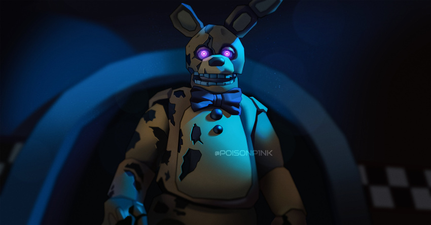 2023 absurd_res animatronic anthro artist_name blue_background bow_tie button_(fastener) checkered checkered_wall detailed_shading digital_media_(artwork) doorway dust_in_the_light five_nights_at_freddy's five_nights_at_freddy's_(film) five_nights_at_freddy's_3 hi_res humanoid lagomorph leporid looking_at_viewer machine male mammal multicolored_body open_mouth poisonp1nk purple_eyes rabbit robot scottgames shaded simple_background solo springtrap_(fnaf) teeth william_afton_(fnaf) yellow_body