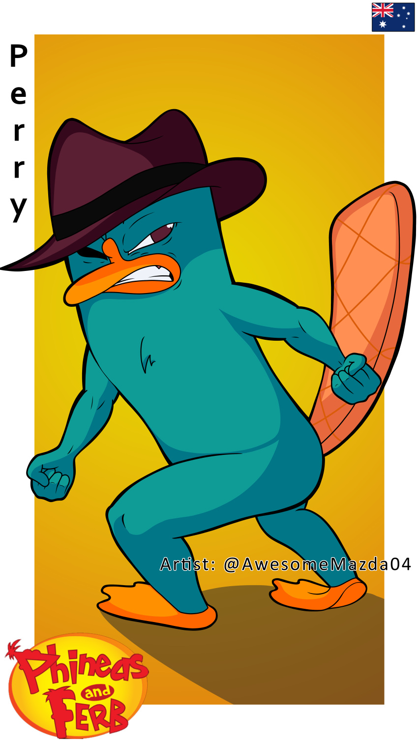 absurd_res angry anthro australia australian australian_flag awesomemazda04 beak beaver_tail blue_body blue_fur brown_eyes chest_fur clothing disney fedora fighting_pose fist fur gums_showing hat headgear headwear hi_res logo male mammal monotreme nationality orange_feet orange_tail perry_the_platypus phineas_and_ferb platypus pose solo tail teeth text watermark