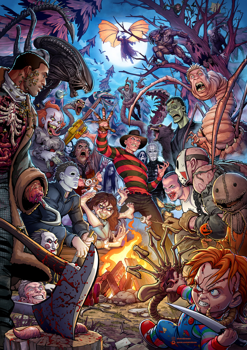 6+boys 6+others a_nightmare_on_elm_street alien alien:_isolation alien_(series) alien_vs._predator aliens_(1986) arm_blade armor axe beetlejuice blood blood_on_weapon blue_eyes breasts campfire candyman chainsaw character_request child's_play chucky claw_(weapon) claws clown clown_nose copyright_request crossover dreadlocks dress evil_grin evil_smile extra_mouth fangs fishnets frankenstein freddy_krueger friday_the_13th gauntlets ghostface gloves grin halloween halloween_(movie) hat hellraiser helmet highres hockey_mask holding holding_chainsaw it_(stephen_king) jacket jason_voorhees jeepers_creepers jigsaw_(character) knife laser laser_pointer_projection laser_sight leatherface long_hair long_sleeves machete mandibles mask mask_on_head michael_myers monster multiple_boys multiple_girls multiple_mouths multiple_others muscular neck_ruff nested_mouths open_mouth orange_hair patrick_brown pauldrons pennywise pinhead plasma_caster predator_(1987) predator_(character) predator_(series) predators_(2010) pyramid_head red_hair saw_(movie) scream_(movie) shirt short_hair shoulder_armor shoulder_cannon skull smile stitched_face stitches striped_clothes striped_shirt teeth the_creeper the_ring the_texas_chainsaw_massacre thigh_armor vampire weapon werewolf wrist_blades xenomorph