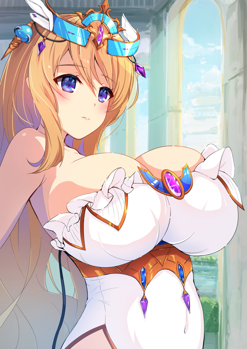 aphrodite_(kamihime_project) bare_shoulders blonde_hair blue_eyes blush breasts brooch cleavage closed_mouth covered_navel dot_nose eari female frills hair_between_eyes highres huge_breasts indoors jewelry kamihime_project long_hair looking_ahead solo tiara upper_body