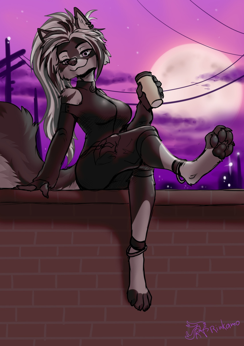 anthro beverage canid canine canis claws clothed clothing coffee coffee_cup container cup digital_media_(artwork) ear_piercing ear_ring female fluffy fluffy_tail fur grey_body hair hi_res looking_at_viewer mammal paws piercing ring_piercing rinkamo smile solo tail wolf