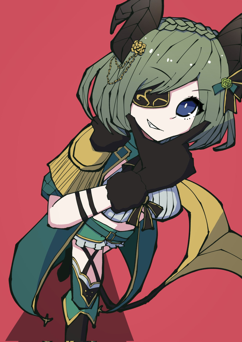 belt black_bow black_gloves black_outline blue_eyes bow braid breasts bright_pupils brown_horns coat commentary crown_braid curled_horns demon_girl demon_horns demon_tail doronuma dutch_angle epaulettes eyepatch female flower frilled_shorts frills from_above full_body gloves green_belt green_coat green_flower green_hair green_shorts green_thighhighs grin hair_flower hair_ornament hairbow hand_on_own_chin highres horns looking_at_viewer medium_bangs medium_breasts nanashi_inc. open_clothes open_coat outline puffy_short_sleeves puffy_sleeves red_bag sekishiro_mico shirt short_hair short_sleeves shorts simple_background smile solo tail thighhighs virtual_youtuber walking white_pupils white_shirt yellow_flower