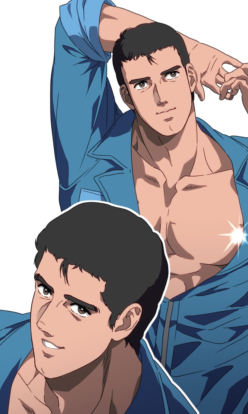 1boy abe_takakazu arms_up bara bare_pectorals black_eyes black_hair brown_eyes cleft_chin collarbone glowing_nipples highres kuso_miso_technique large_pectorals looking_at_viewer loose_hair_strand male_focus multiple_views pectorals seductive_smile shirt smile thick_eyebrows yuu_(masarunomori)