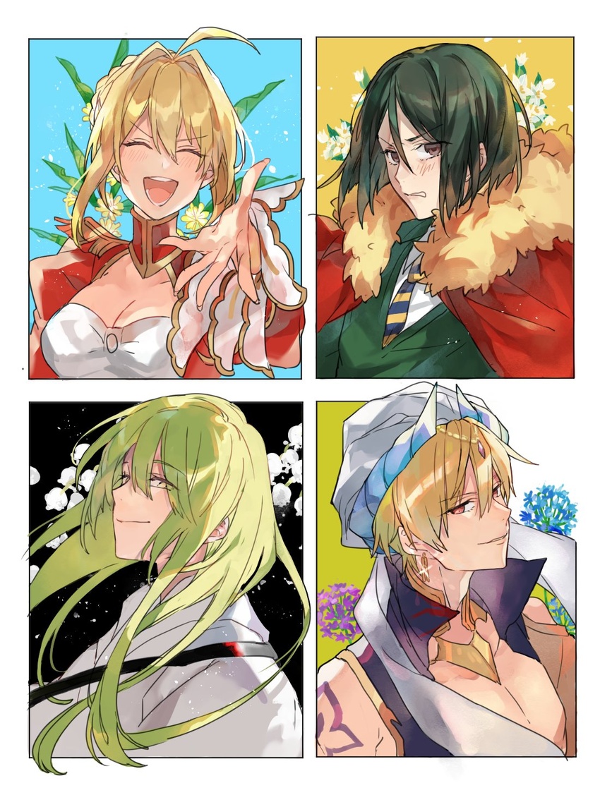 1other 2boys ahoge allium_(flower) blonde_hair blue_flower blue_necktie blue_vest blush braid braided_bun breasts brown_eyes cape cleavage closed_eyes closed_mouth diagonal-striped_clothes diagonal-striped_necktie dress earrings enkidu_(fate) epaulettes facing_viewer fate/grand_order fate_(series) female floral_background flower fur-trimmed_cape fur_trim gilgamesh_(caster)_(fate) gilgamesh_(fate) glint green_hair green_sweater hair_between_eyes hair_bun hair_intakes hand_up head_chain highres jewelry juliet_sleeves lily_of_the_valley long_hair long_sleeves looking_at_viewer looking_to_the_side multiple_boys necktie nero_claudius_(fate) nero_claudius_(fate/extra) open_mouth outstretched_hand parted_lips popped_collar portrait puffy_sleeves purple_flower reaching reaching_towards_viewer red_cape red_dress red_eyes robe shirt short_hair shoulder_tattoo smile striped_clothes striped_necktie sweater tattoo teeth turban vest waltz_(tram) waver_velvet white_flower white_robe white_shirt yellow_eyes yellow_flower yellow_necktie