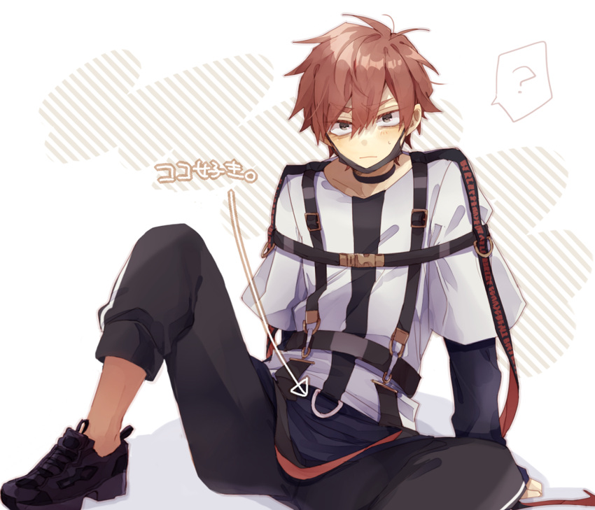 1boy ? black_choker black_footwear black_pants blush brown_background choker highres kajiyama_fuuta kao_ru05 looking_at_viewer male_focus mask mask_pull milgram mouth_mask multicolored_background pants red_eyes red_hair shirt shoes solo spoken_question_mark translation_request white_shirt yellow_background