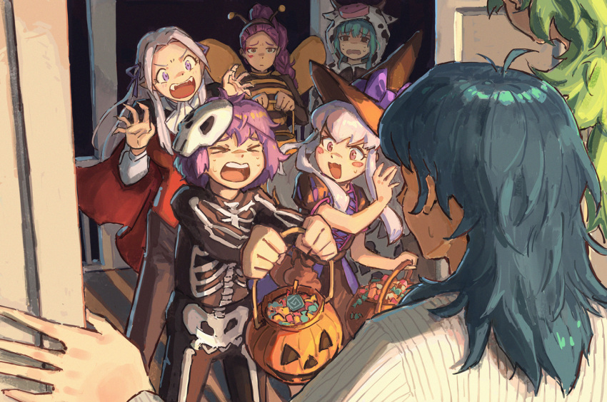 >_< 6+girls alternate_universe animal_costume bee_costume bernadetta_von_varley blue_hair blush_stickers byleth_(female)_(fire_emblem) byleth_(fire_emblem) candy cow_costume edelgard_von_hresvelg english_commentary fangs fire_emblem fire_emblem:_three_houses food green_hair green_little grey_hair hair_ribbon halloween halloween_costume hat lysithea_von_ordelia marianne_von_edmund mask mask_on_head multiple_girls petra_macneary purple_hair ribbon sitri_(fire_emblem) skeleton_costume vampire_costume witch witch_hat