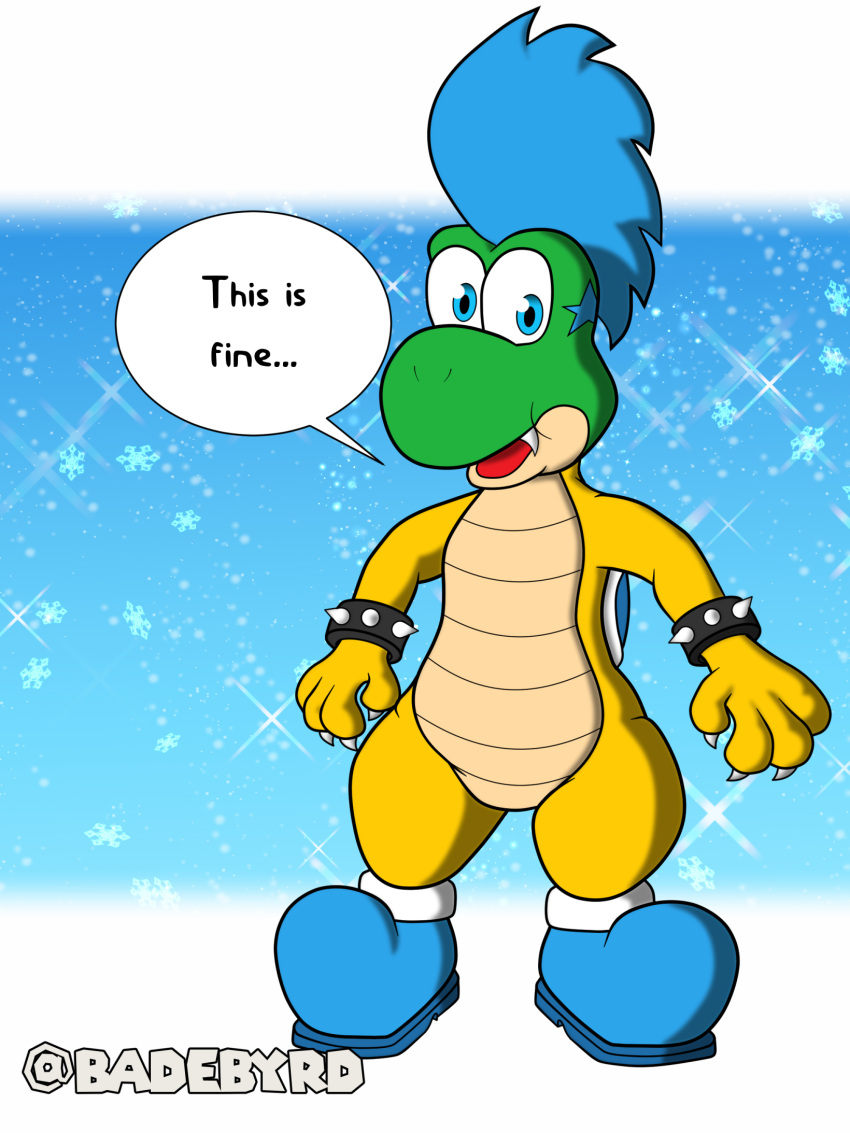 badebyrd blue_eyes blue_hair boots bracelet claws clothing cute_fangs footwear hair hi_res jewelry koopa koopaling larry_koopa male mario_bros nintendo open_mouth scalie shell shoes simple_background snow snowflake solo spiked_bracelet spikes this_is_fine transformation yellow_body yoshi